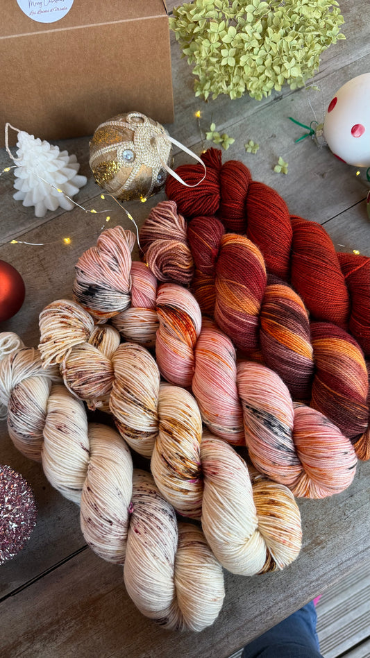 BOX DE NOËL, 5 ÉCHEVEAUX en laine Mérinos fingering coordonnés assortis de surprises (Copie)